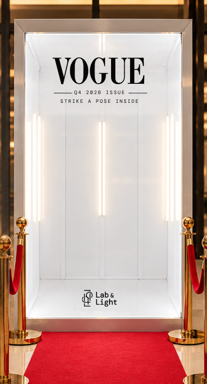 The 4x8ft Magazine Photobooth with red carpet and gold stanchions